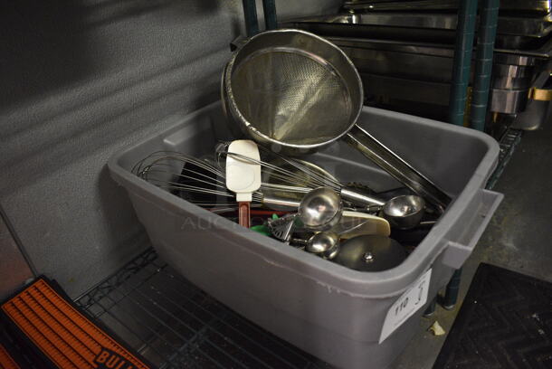 ALL ONE MONEY! Lot of Various Utensils Including China Cap Strainer, Whisks and Dishers in Gray Poly Bin. (kitchen) - Image 4 of 4