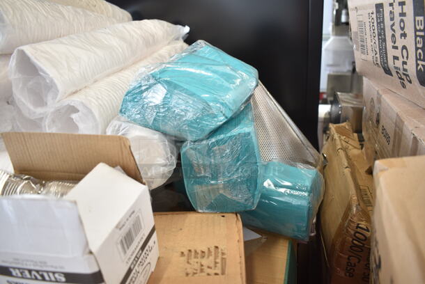 PALLET LOT of 30 BRAND NEW Boxes Including 50020W Choice 20 oz. White Poly Paper Hot Cup - 600/Case, 4 Box 130WSSPOON Choice Medium Weight White Plastic Soup Spoon - 1000/Case, 77000049 Solut 00049 6 3/4" x 5" Clear PET Smooth Wall Lid for Small Rectangle Tray - 300/Case, 346MEDCUP1Z Choice 1 oz. Disposable Polypropylene Graduated Medicine Cup - 5000/Case, 395RP10 EcoChoice Compostable Sugarcane / Bagasse 10" Plate - 500/Case, 130APPFRKSLV Visions 4" Silver Plastic Tasting Fork - 400/Case. 30 Times Your Bid!  - Image 10 of 12