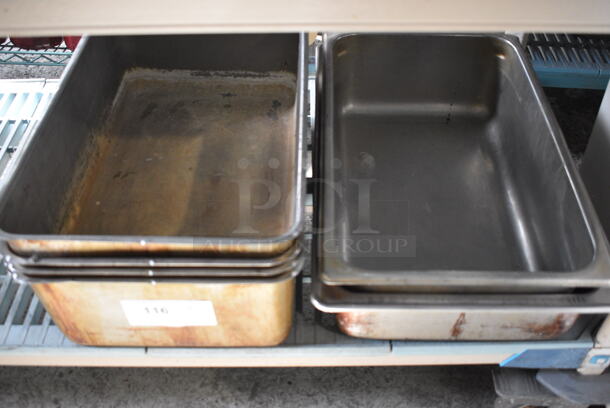 6 Various Metal Full Size Bins; 4 Steam Table Drop Ins, Chafing Dish Bin and Drop In Bin. Includes 13x21x6. 6 Times Your Bid!