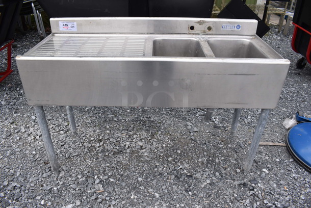 Stainless Steel Commercial 2 Bay Sink w/ Left Side Drain Board. 48x19x32. Bays 10x14x10. Drain Board 16x23x1