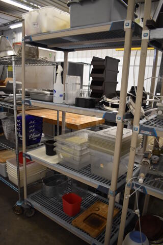 ALL ONE MONEY! Lot of 4 Tiers Worth of Various Items Including Bus Bins, Poly Bins and Metal Bucket. Does NOT Include Shelving Unit