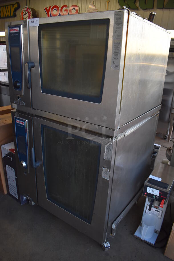 2 2016 Rational Stainless Steel Commercial Combitherm Self Cooking Center Convection Ovens on Commercial Casters. Top Model: SCC WE 62. Bottom Model: SCC WE 102. Picture of Unit Powered on is Included. 480 Volts, 3 Phase. 42x40x73. 2 Times Your Bid!