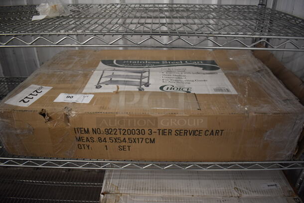BRAND NEW IN BOX! Choice Stainless Steel 33 3/4" x 21" x 37" Knocked Down 18 Gauge 3 Shelf Utility Cart on Casters.  - Image 2 of 4