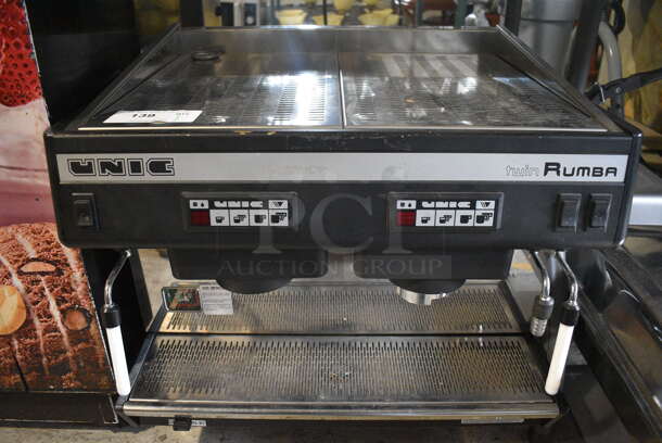 Unic Model Twin Rumba Stainless Steel Commercial Countertop Espresso Machine w/ 2 Steam Wands. 220 Volts, 1 Phase. 26x20x23