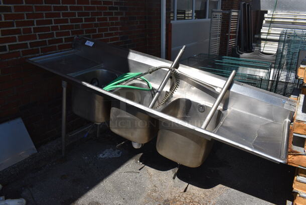Stainless Steel Commercial 3 Bay Sink w/ Dual Drainboards, Handles, Faucet and Spray Nozzle. Legs Need To Be Attached. 89x26x44. Bays 16x20x14. Drainboards 20x22x2 - Image 5 of 5