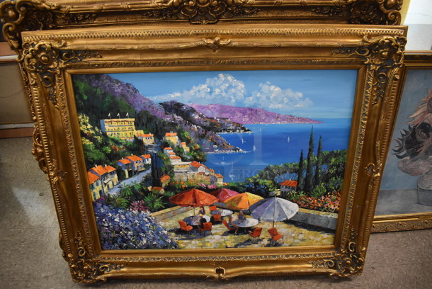 Framed Canvas Painting of Umbrella on the Coast by PFA Artist.