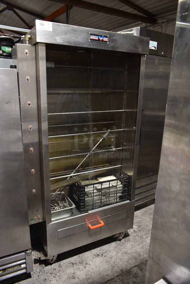 American Chick Stainless Steel Commercial Floor Style Propane Gas Powered 6 Spit Rotisserie Oven on Commercial Casters. 