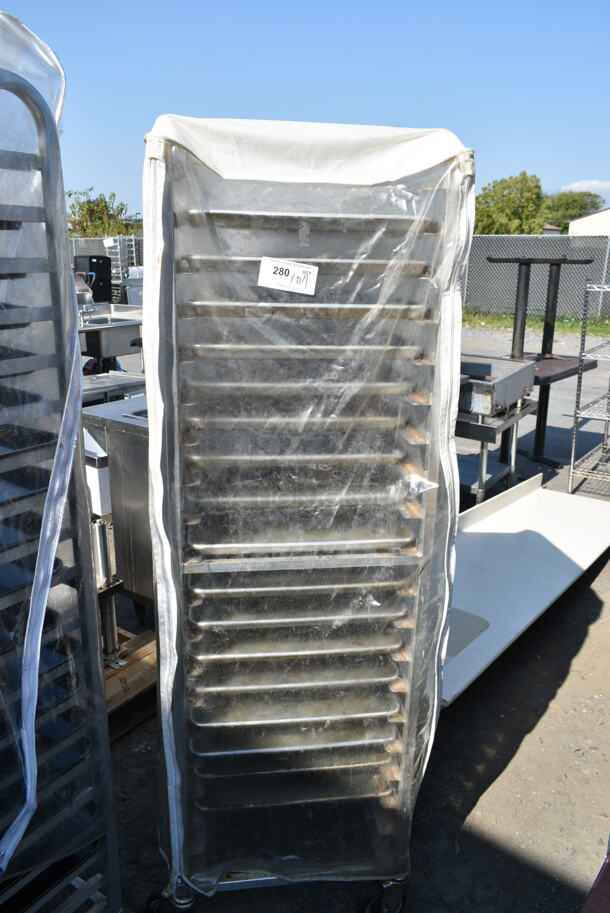 Metal Commercial Pan Transport Rack on Commercial Casters w/ Metal Baking Pans and Clear Cover.  - Image 1 of 8