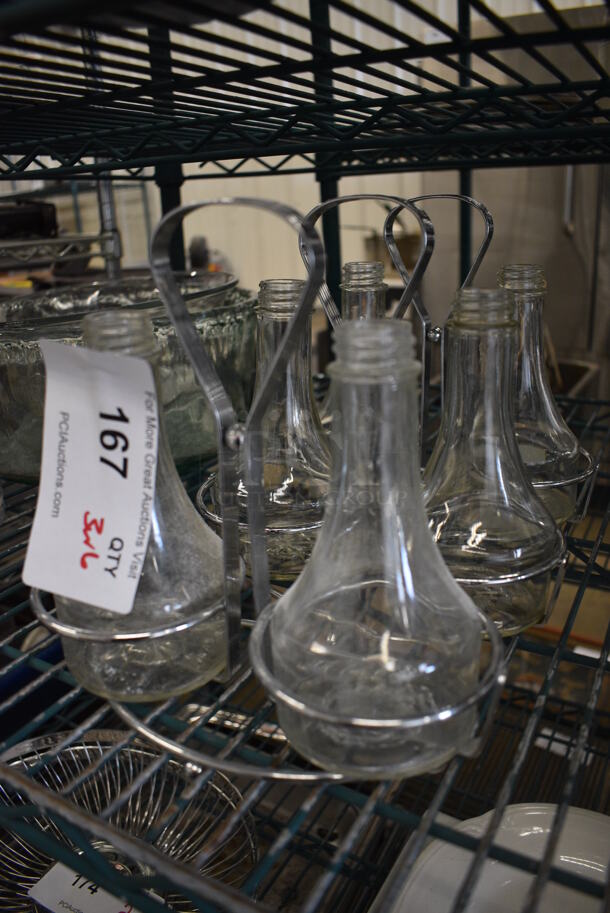 3 Chrome Finish Condiment Bottle Holders w/ 6 Glass Bottles. 8x4x8. 3 Times Your Bid! - Image 2 of 3
