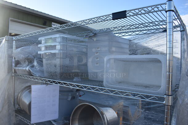 Metro Chrome Finish 5 Tier Wire Shelving Unit w/ Contents Including Poly Drop In Bins. BUYER MUST DISMANTLE. PCI CANNOT DISMANTLE FOR SHIPPING. PLEASE CONSIDER FREIGHT CHARGES. 60x18x74 - Image 2 of 5