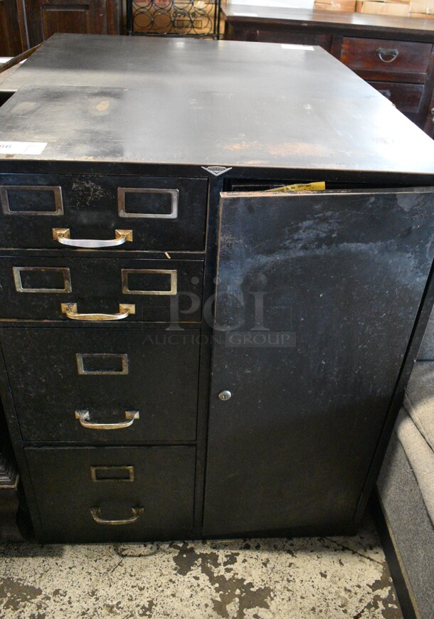 Black Metal Cabinet w/ 4 Drawers, Door and Safe Compartment. 30.5x19x37.5