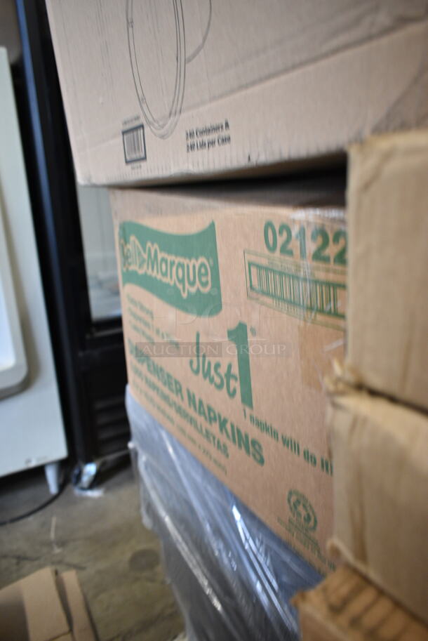 PALLET LOT of 20 BRAND NEW Boxes Including 02122 Marque Napkins, Choice 32 oz Deli Container and Lid, 2 Box Choice Window Sandwich Bakery Bag, 2 Box 433NHT004 Choice Large Size White Plastic T-Shirt, Visoins Black 5" Tasting Forks, 128HD32COMBO ChoiceHD 32 oz. Microwavable Translucent Plastic Deli Container and Lid Combo Pack - 240/Case, 9CPWF Dart White 3 Compartment Famous Service, 760PCC03W Choice White Poly Paper Cold Cup, 5004DNAPWH Choice White Linen-Feel, 500CC20 Choice Clear Plastic Cold Cup, Dart 16RCL Optima White Travel Lid with Reclosable Tab - 1000/Case. 20 Times Your Bid! - Image 2 of 12