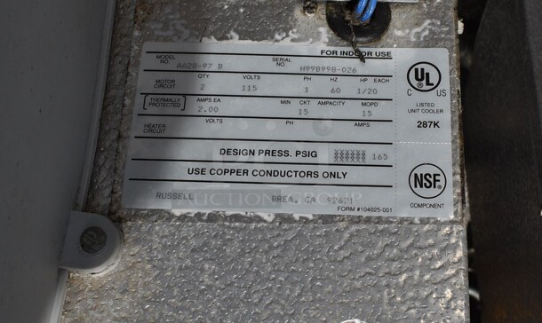2 Harford Walk In Boxes That Make One 20'x8' Combo Walk In Box; Walk In Cooler w/ Copeland Compressor and Russel Model AA28-97 B 115 Volt, 1 Phase Condenser. Walk In Freezer Box w/ Copeland Model CF06K6E-TF5-253 208/240 Volt, 1 Phase Compressor and Russel Model AE26-92 B 208/230 Volt, 1 Phase Condenser. Does Not Have Floor. Picture of the Unit Before Removal Is Included In the Listing. 2 Times Your Bid! - Image 4 of 12
