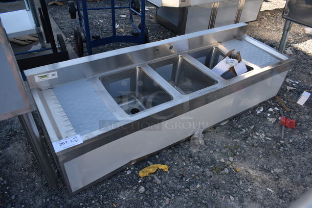 BRAND NEW SCRATCH AND DENT! Regency 600B31014213 Stainless Steel Commercial 3 Bay Back Bar Sink w/ Dual Drain Boards. No Legs. Bays 10x14. Drain Boards 11x15 - Image 1 of 4