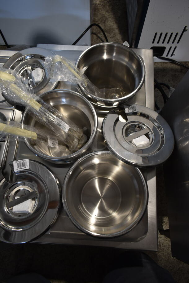 BRAND NEW SCRATCH AND DENT! 2022 Avantco 177W50CKR Stainless Steel Commercial Countertop Food Warmer w/ 3 Drop Ins, 3 Lids and Adapter Plate. 120 Volts, 1 Phase. Tested and Working!  - Image 4 of 5