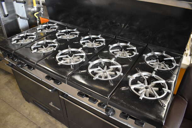 Garland Metal Commercial Natural Gas Powered 10 Burner Range w/ 2 Ovens, Over Shelf and Back Splash. 60x31x58 - Image 3 of 8