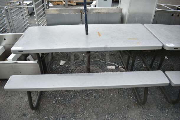 Lifetime Gray Poly Picnic Table on Black Metal Frame w/ Samuel Adams Patio Umbrella.  - Image 3 of 6