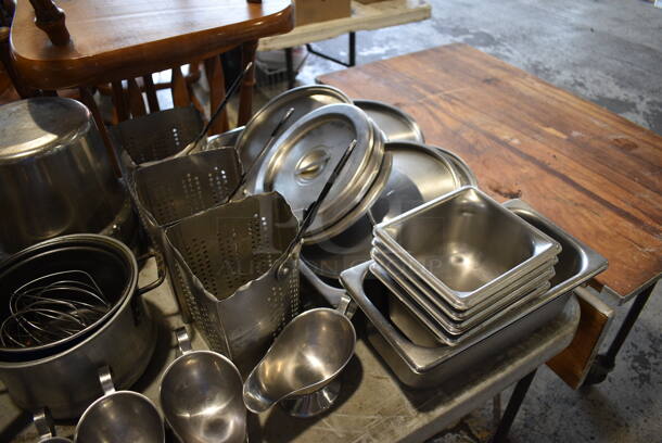 ALL ONE MONEY! Tabletop Lot of Various Metal Items Including Drop In Bins, Cylindrical Bins, China Cap Strainer and Pitchers - Image 7 of 7