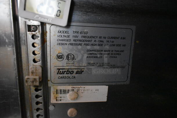 Turbo Air TPR-67SD Stainless Steel Commercial Pizza Prep Table on Commercial Casters. 115 Volts, 1 Phase. Tested and Working! - Image 9 of 9