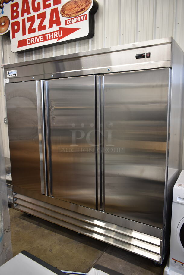 BRAND NEW SCRATCH AND DENT! 2023 Avantco 178SS3FHC Stainless Steel Commercial 3 Door Reach In Freezer w/ Poly Coated Racks on Commercial Casters. 115 Volts, 1 Phase. Tested and Working!