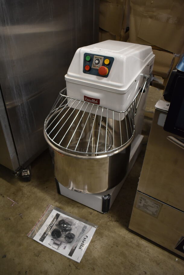 BRAND NEW SCRATCH AND DENT! Estella 348SM40 Metal Commercial Floor Style 40 Quart Spiral Dough Mixer w/ Stainless Steel Mixing Bowl, Bowl Guard and Dough Hook. 240 Volts, 1 Phase. Tested and Working! - Image 1 of 7