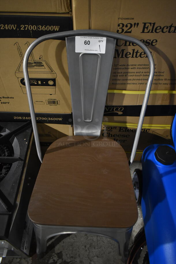 BRAND NEW SCRATCH AND DENT! Gray Metal Tolix Style Dining Height Chair w/ Wood Pattern Brown Seat. - Image 3 of 3