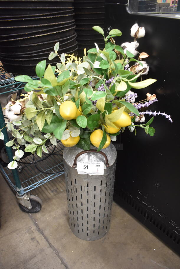 Tall Galvanized Metal Vase With Faux Flowers, Greenery And Lemons.