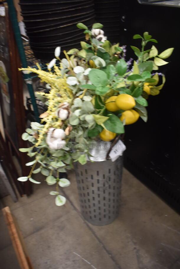 Tall Galvanized Metal Vase With Faux Flowers, Greenery And Lemons. - Image 2 of 3