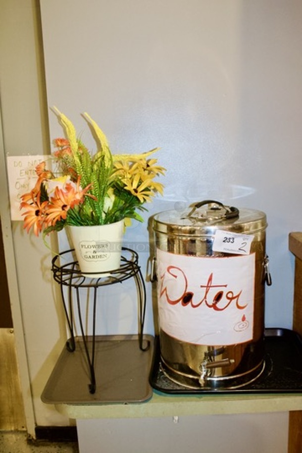 Water Cooler/Dispenser, Potted Plant & Metal Stand