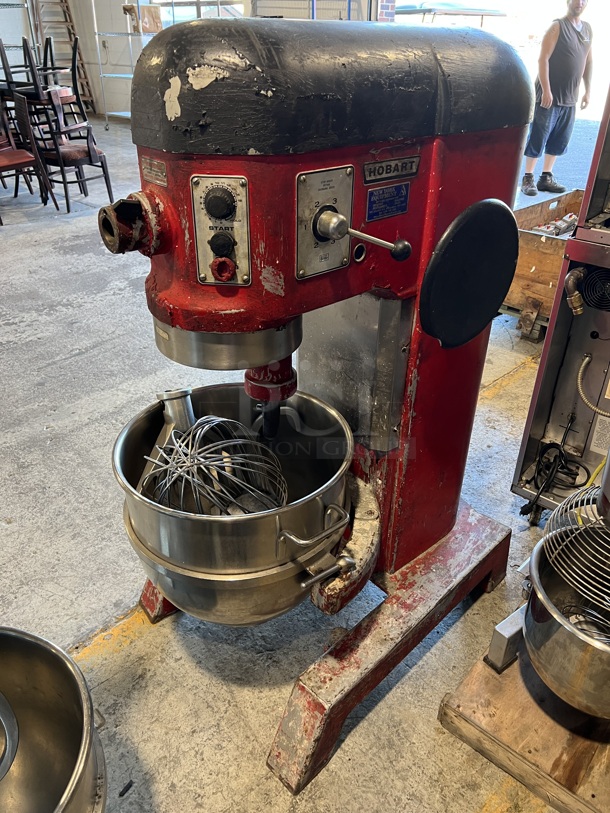 Hobart Model H-600T Metal Commercial Floor Style 60 Quart Planetary Dough Mixer w/ Stainless Steel Mixing Bowl, Paddle, Whisk and Dough Hook Attachments. 230 Volts, 3 Phase. 28x42x56
