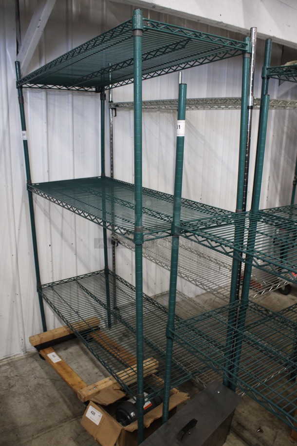 Green Finish 3 Tier Metro Style Shelving Unit. BUYER MUST DISMANTLE. PCI CANNOT DISMANTLE FOR SHIPPING. PLEASE CONSIDER FREIGHT CHARGES. 48x21x73