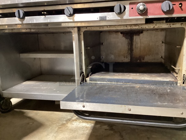 Stainless Steel 2-Burner Stove W/Flat Griddle, Single Oven, Under and Over Head Storage Shelves, on Castors. Not Tested, Natural Gas - Image 2 of 3