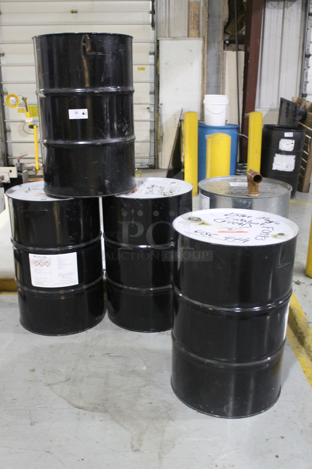 ALL ONE MONEY! Lot of 5 Metal Barrels; WD Zinc, Blue Magic Catalyst, MC Catalyst. BUYER MUST REMOVE. - Image 1 of 12