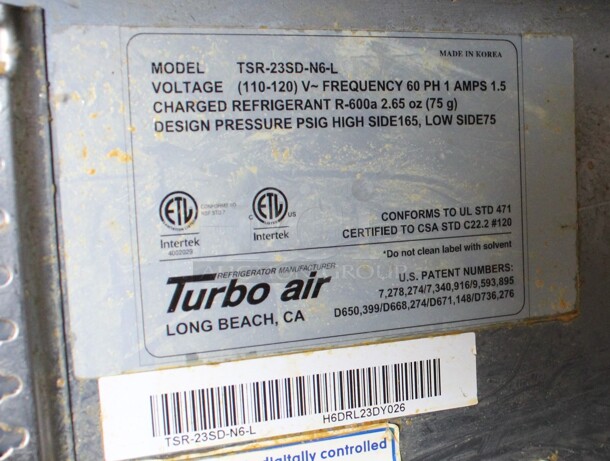 Turbo Air Model TSR-23SD-N6-L Stainless Steel Commercial Single Door Reach In Cooler w/ Poly Coated Racks on Commercial Casters. 115 Volts, 1 Phase. 27x30.5x83.5. Tested and Working! - Image 5 of 6
