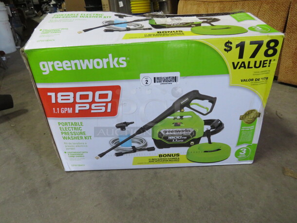 One Greenworks Portable Electric Pressure Washer Kit. 1800psi