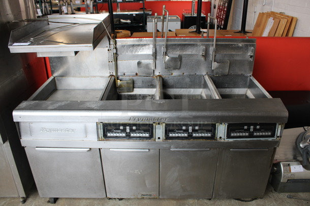Frymaster Model FMP345EBLCSD Stainless Steel Commercial Floor Style Natural Gas Powered 3 Bay Deep Fat Fryer w/ Left Side Dumping Warming Station and Filtration System on Commercial Casters. 122,000 BTU. 68x35x55