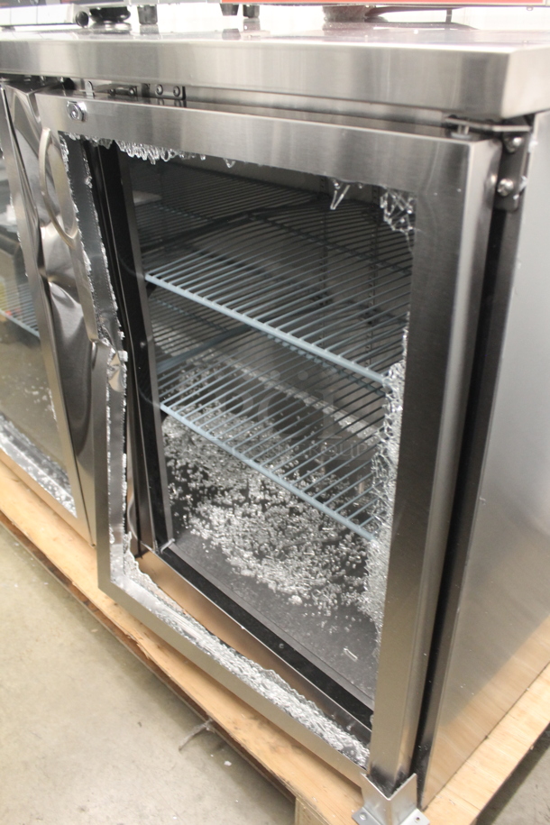 BRAND NEW SCRATCH AND DENT! 2023 Avantco 178UBB4GHCS Stainless Steel Commercial 3 Door Back Bar Cooler Merchandiser. See Pictures for 2 Broken Glass Doors. 115 Volts, 1 Phase. Tested and Working! - Image 6 of 8