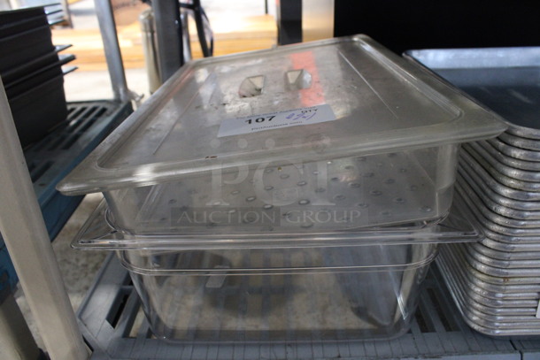 ALL ONE MONEY! Lot of 2 Clear Poly Full Size Drop In Bins and 1 Lid! Includes 1/1x2, 1/1x6 - Image 1 of 3