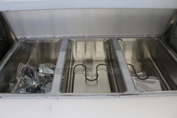 BRAND NEW SCRATCH AND DENT! 2022 ServIt 423EST3WO Stainless Steel Commercial Electric Powered Three Pan Open Well Steam Table with Angled Sneeze Guard and Casters. 120 Volts, 1 Phase. Tested and Working! - Image 2 of 11