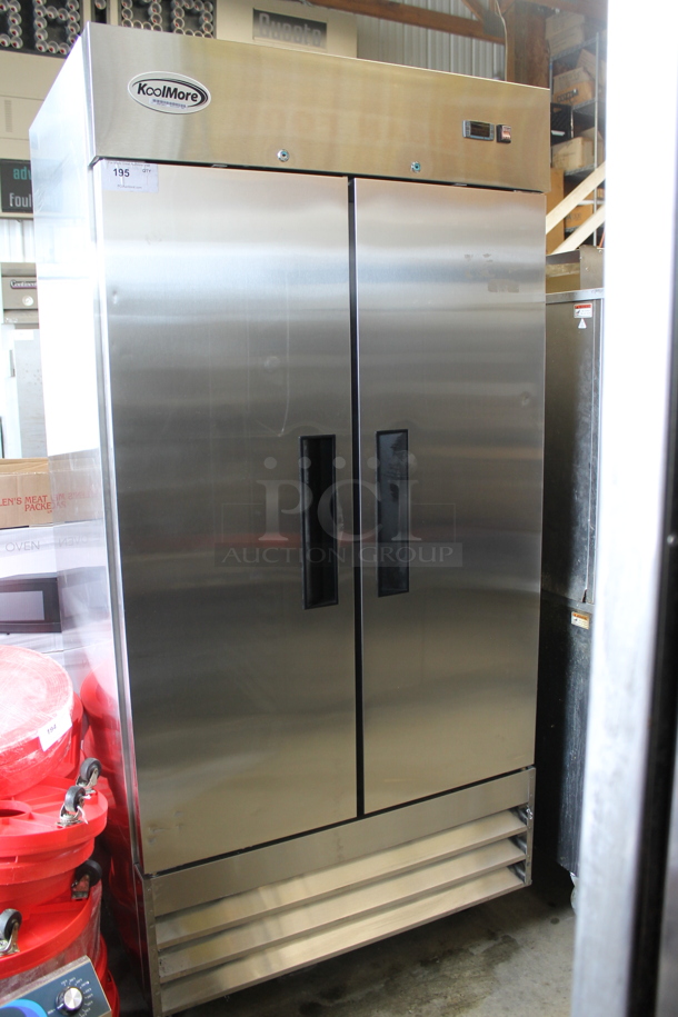 BRAND NEW SCRATCH AND DENT! 2022 KoolMore RIR-2D-SS35C Stainless Steel Commercial 2 Door Reach In Cooler w/ Poly Coated Racks on Commercial Casters. 115 Volts, 1 Phase. Tested and Working! - Image 2 of 9