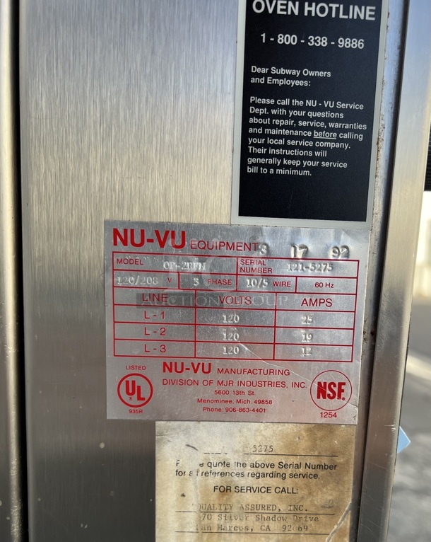 Nu-Vu OP-2RFM Oven/Proofer, fully tested, 9 Rack Positions in Proofer, 6 Rack Potions in Oven, proofer adjustable to 250°F, 10 humidity settings, oven adjustable to 550°, 60-minute oven timer, casters, 120/208/60/3. Tested and Working! - Image 6 of 7