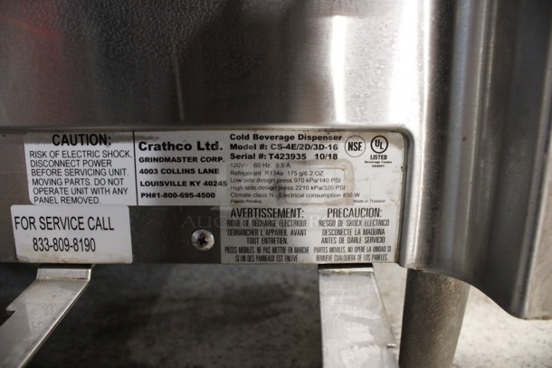 2018 Crathco Model CS-4E/2D/3D-16 Stainless Steel Commercial Countertop 4 Hopper Refrigerated Drink Machine. 120 Volts, 1 Phase. 21x18x28. Tested and Working! - Image 4 of 8