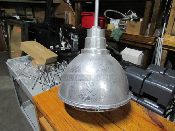 One 16 Inch Round Galvanized Pendant Light With Cage. - Image 1 of 2