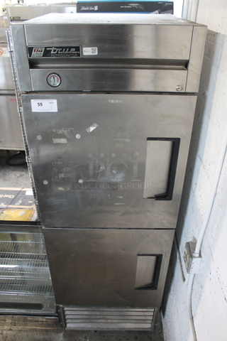 True T-23-2 Stainless Steel Commercial 2 Half Size Door Reach In Cooler w/ Poly Coated Racks on Commercial Casters. 115 Volts, 1 Phase. Tested and Working!