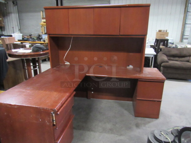 One 3 Piece Desk With Hutch Top With 4 Doors, And 4 Drawers. 78X30X71