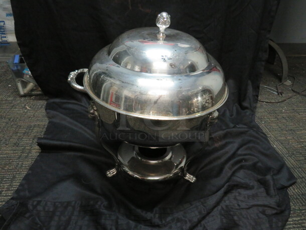 One Vintage Silver 13 Inch Round Chafer With Lid And Lions Head Legs. 