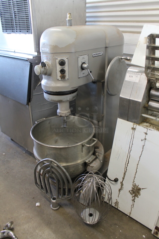 Hobart L 800 Metal Commercial Floor Style 80 Quart Planetary Dough Mixer w/ Stainless Steel Mixing Bowl, Bowl Dolly, Whisk and Paddle Attachment. 200 Volts, 3 Phase.