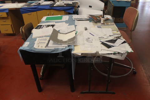 ALL ONE MONEY! Lot of 2 Tables w/ Contents  and 2 Chairs. BUYER MUST REMOVE.