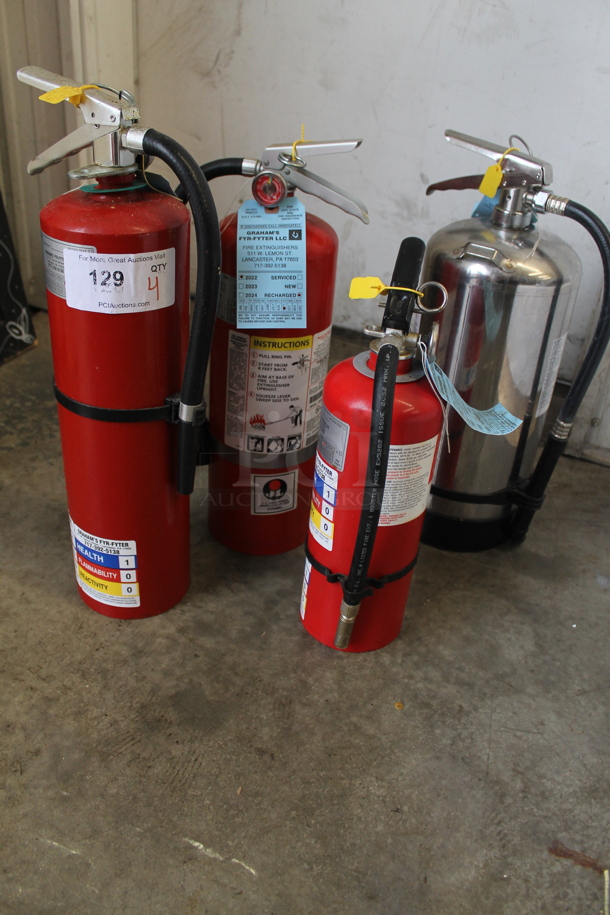 4 Various Fire Extinguishers; 3 Dry Chemical and 1 Wet Chemical. 4 Times Your Bid! Buyer Must Pick Up - We Will Not Ship This Item
