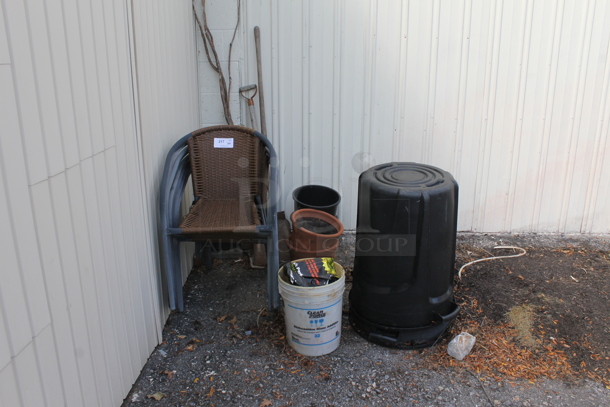 ALL ONE MONEY! Lot of Various Items Including Pati Chairs, Trash Can and Plant Pots. (shed #3) - Image 1 of 3